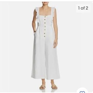 Red Carter Anthropologie White Linen Jumpsuit Ruffle bow tie back bride medium